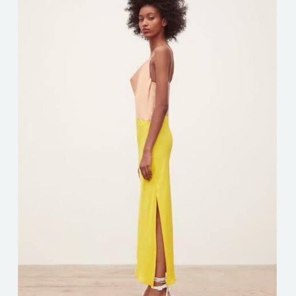 Zara Satin Yellow & Nude Color Block Slip Camisole Midi Dress XS 741 - Picture 5 of 5
